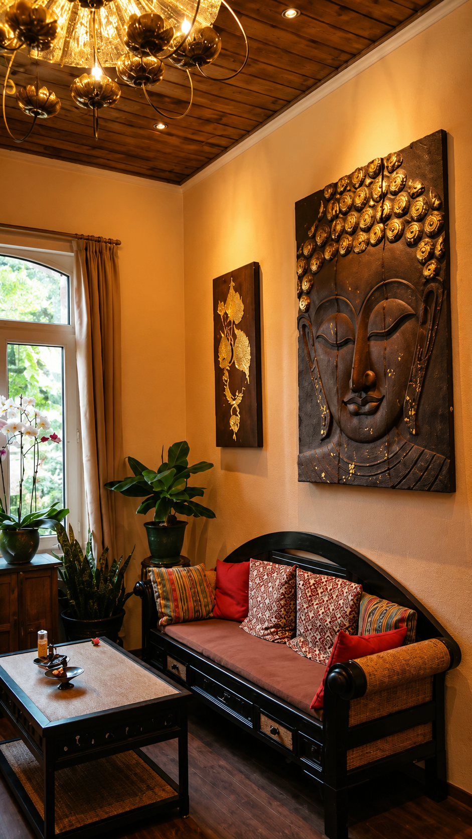 Wartebereich mit Buddha-Wandkunst